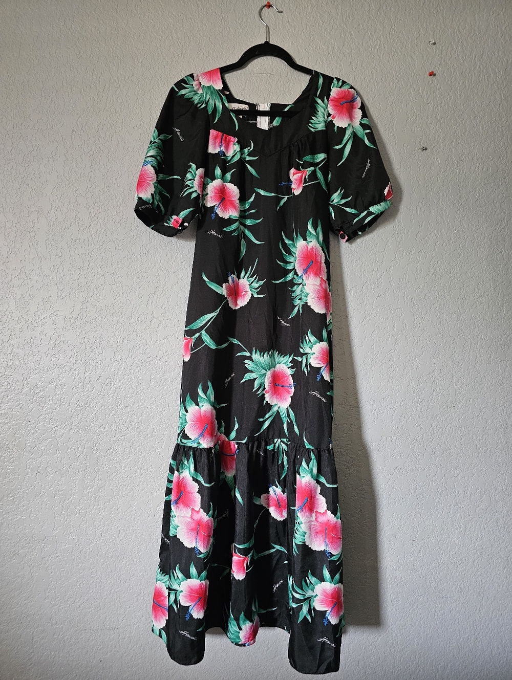 Helena's Black Floral Maxi Dress with Pink Hibiscus Print